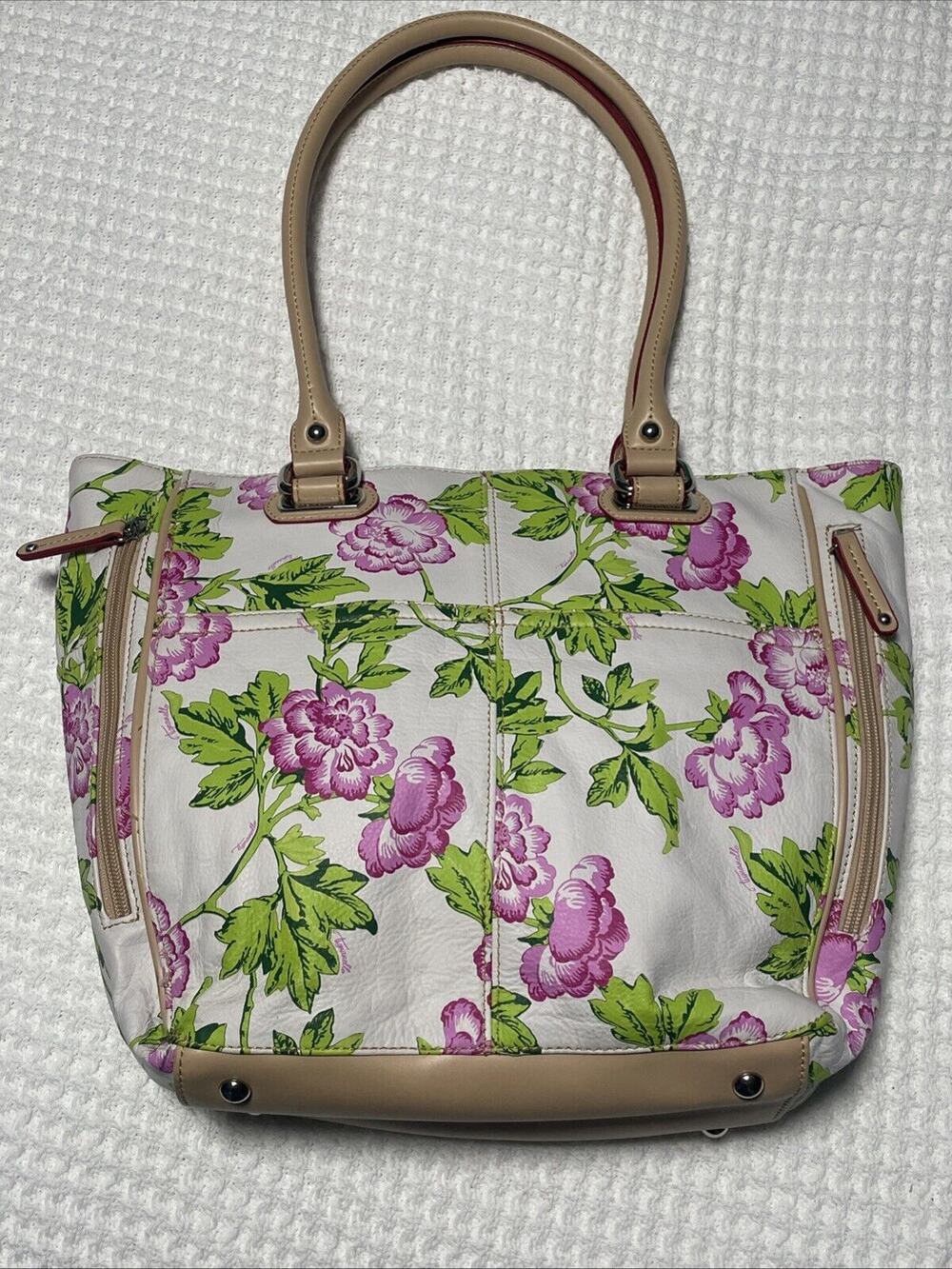 Tignanello Genuine Leather Peony Lime Shoulder Bag Pink Floral Tote Satchel